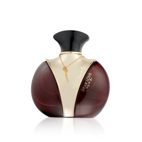 Frasco de perfume rojo con detalles dorados